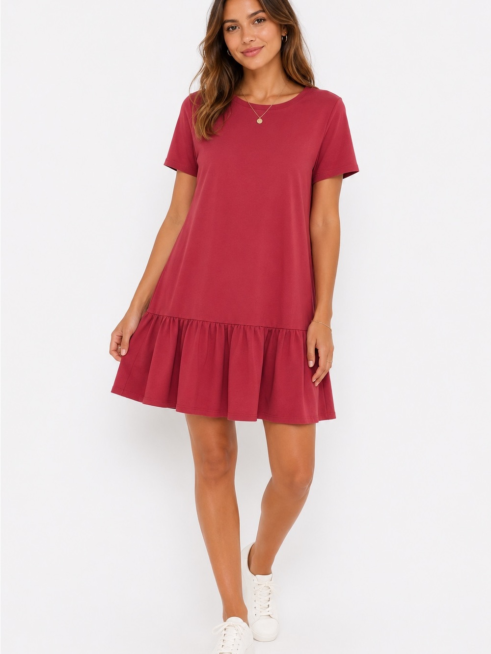 Zara Short Sleeve Ruffle Hem Mini Dress - Red